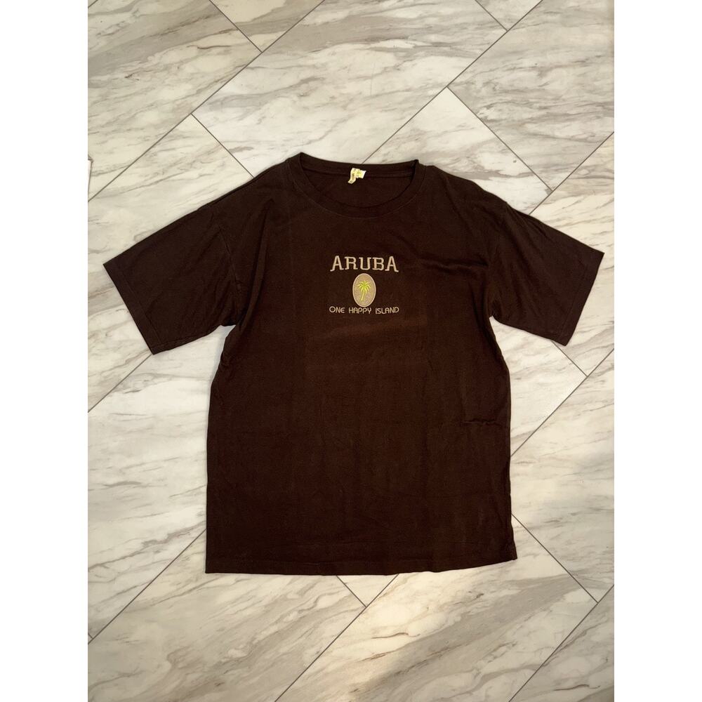 Aruba One Happy Island Caribbean Beach Graphic T-Shirt Short Sleeve XXL Brown